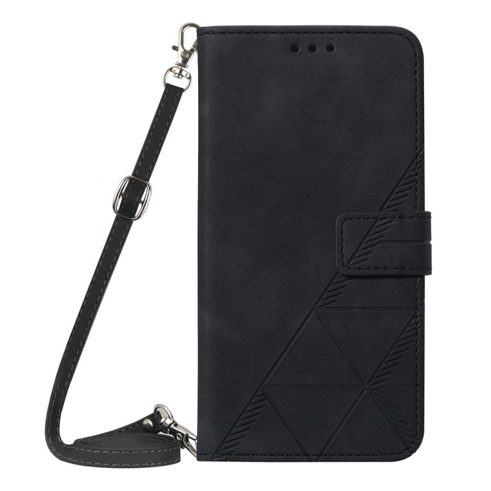 For iPhone 14 6.1 inch YB Imprinting Series-2 Business Style Imprinted Lines Case Wallet Stand PU Leather Phone Cover with Shoulder Strap - Black-9