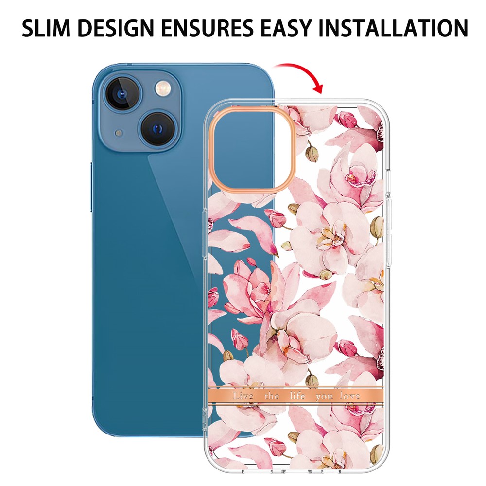 For iPhone 14 6.1 inch YB IMD-8 Series Flower Floral Pattern Soft TPU Phone Case Wear-resistant Electroplating IMD Protector - HC005 Pink Gardenia-5