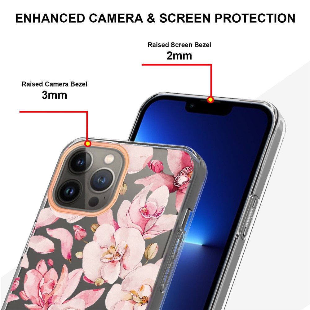 For iPhone 14 Pro 6.1 inch YB IMD-8 Series Soft TPU Flower Floral Pattern Phone Case Scratch-resistant Electroplating IMD Protector - HC005 Pink Gardenia-4