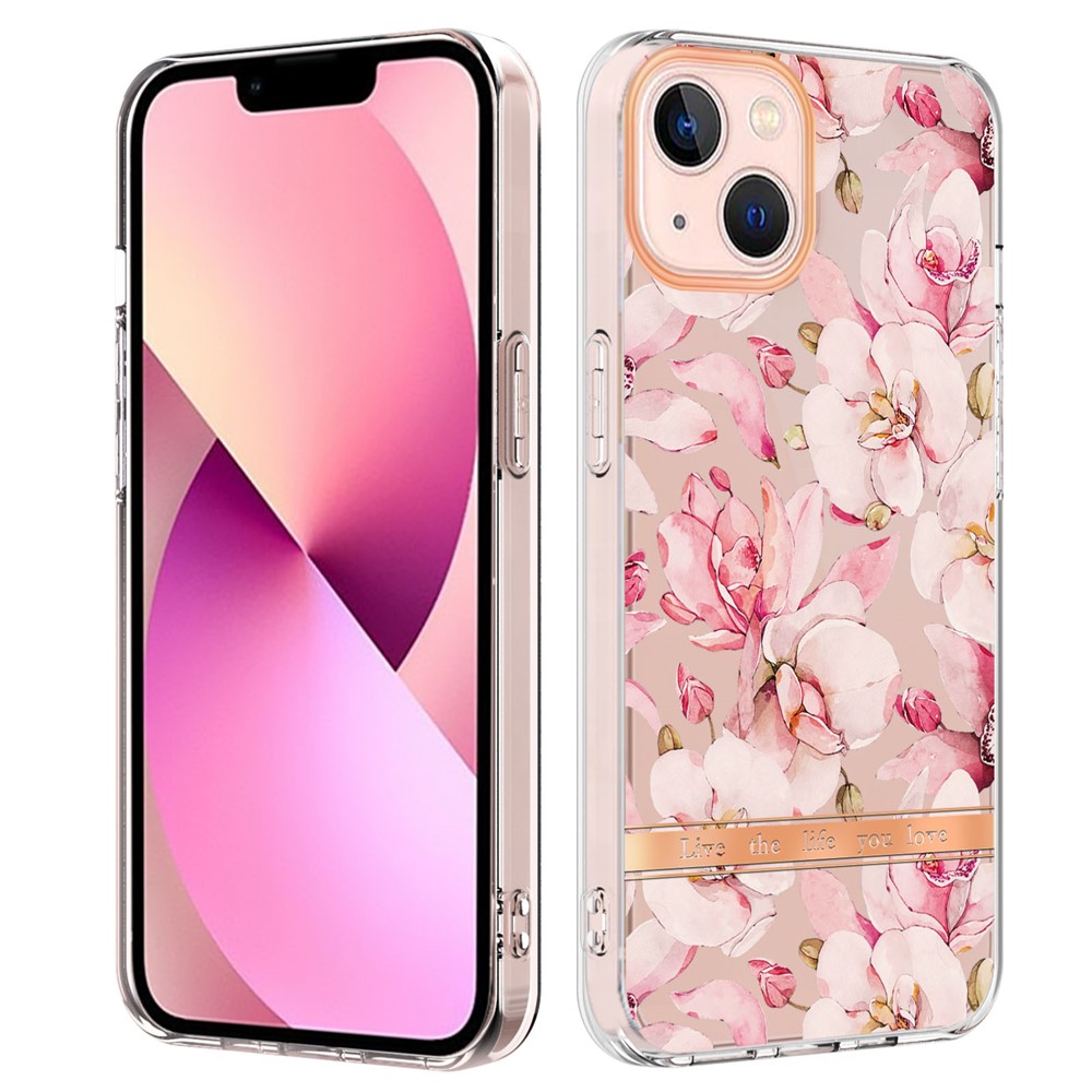 For iPhone 14 Max 6.7 inch YB IMD-8 Series Soft TPU Stylish Flower Floral Pattern Phone Case Shockproof Electroplating IMD Cover - HC005 Pink Gardenia-1