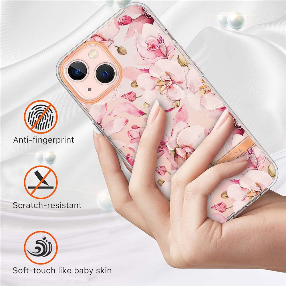 For iPhone 14 Max 6.7 inch YB IMD-8 Series Soft TPU Stylish Flower Floral Pattern Phone Case Shockproof Electroplating IMD Cover - HC005 Pink Gardenia-2