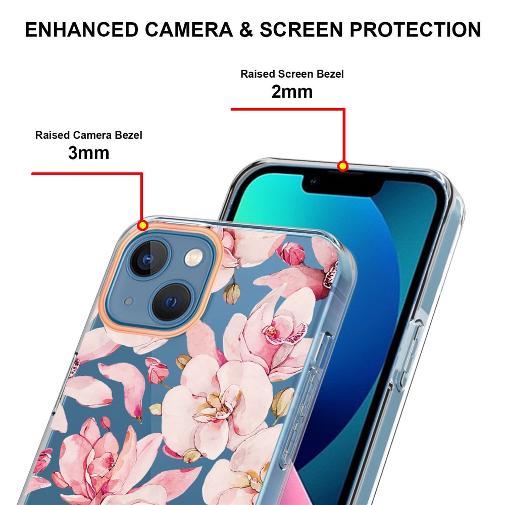 For iPhone 14 Max 6.7 inch YB IMD-8 Series Soft TPU Stylish Flower Floral Pattern Phone Case Shockproof Electroplating IMD Cover - HC005 Pink Gardenia-4