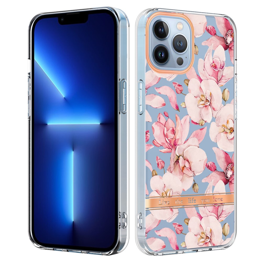 For iPhone 14 Pro Max 6.7 inch YB IMD-8 Series Soft TPU Flower Floral Pattern Phone Case Electroplating IMD Anti-fingerprint Protective Cover - HC005 Pink Gardenia-1