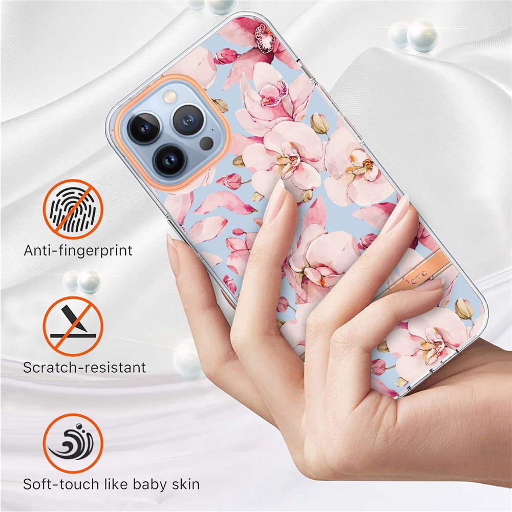 For iPhone 14 Pro Max 6.7 inch YB IMD-8 Series Soft TPU Flower Floral Pattern Phone Case Electroplating IMD Anti-fingerprint Protective Cover - HC005 Pink Gardenia-2