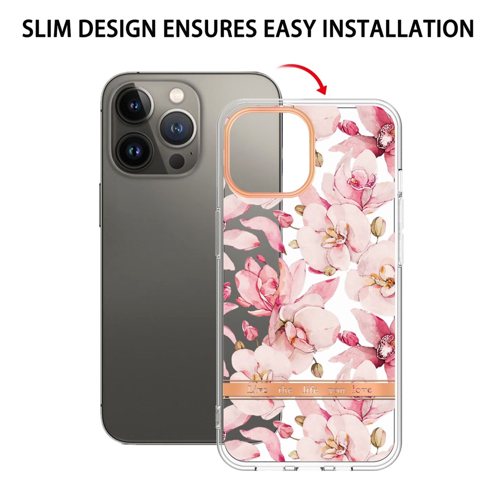 For iPhone 14 Pro Max 6.7 inch YB IMD-8 Series Soft TPU Flower Floral Pattern Phone Case Electroplating IMD Anti-fingerprint Protective Cover - HC005 Pink Gardenia-5