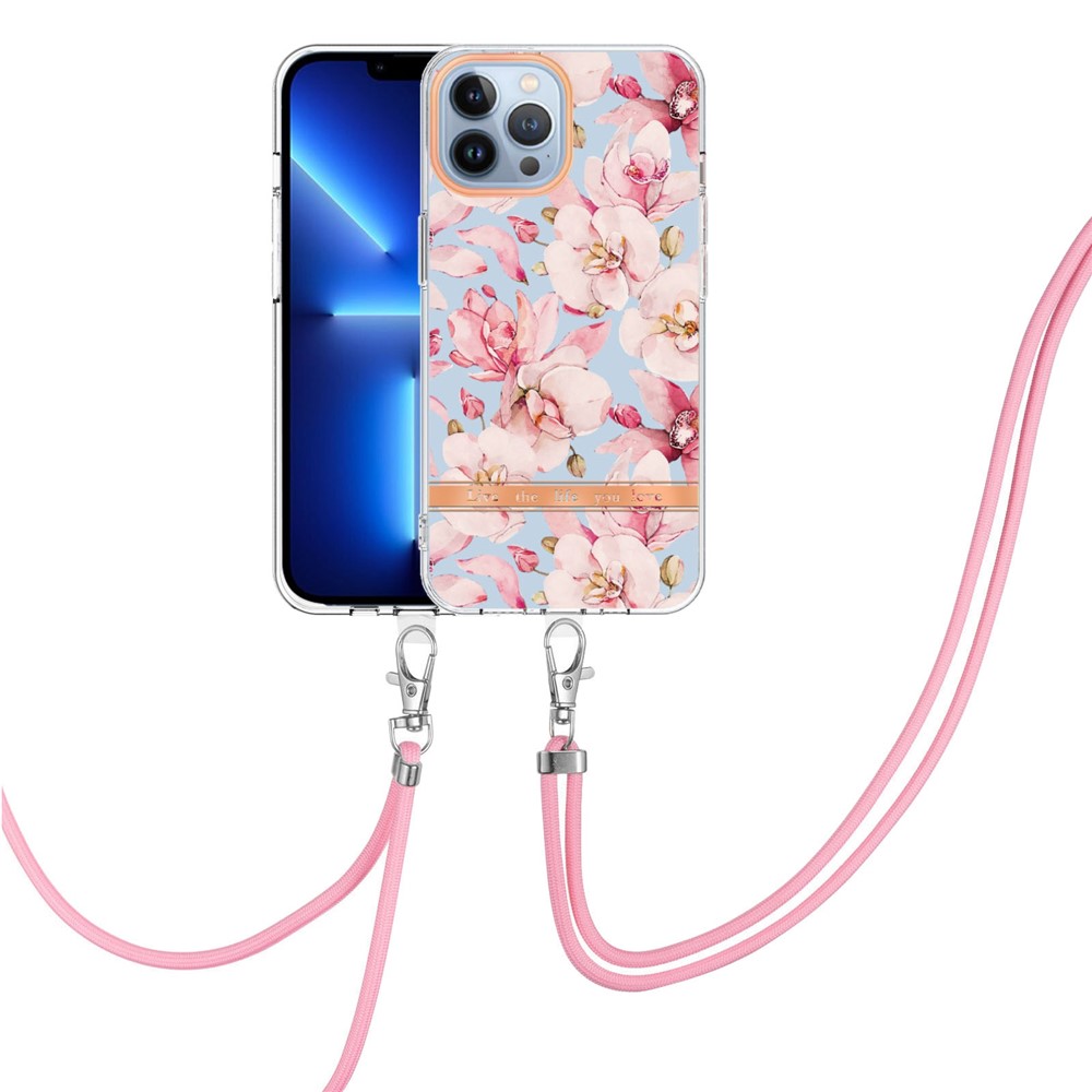 YB IMD-11 Series for iPhone 14 Pro 6.1 inch Anti-wear Flower Pattern Stylish Electroplating Phone Cover IMD TPU Case with Lanyard - HC005 Pink Gardenia-2