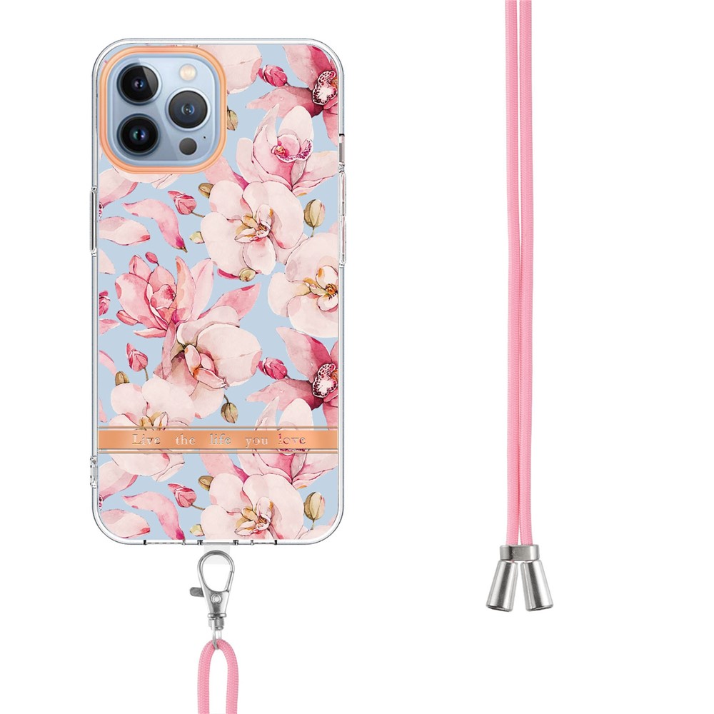 YB IMD-11 Series for iPhone 14 Pro 6.1 inch Anti-wear Flower Pattern Stylish Electroplating Phone Cover IMD TPU Case with Lanyard - HC005 Pink Gardenia-3