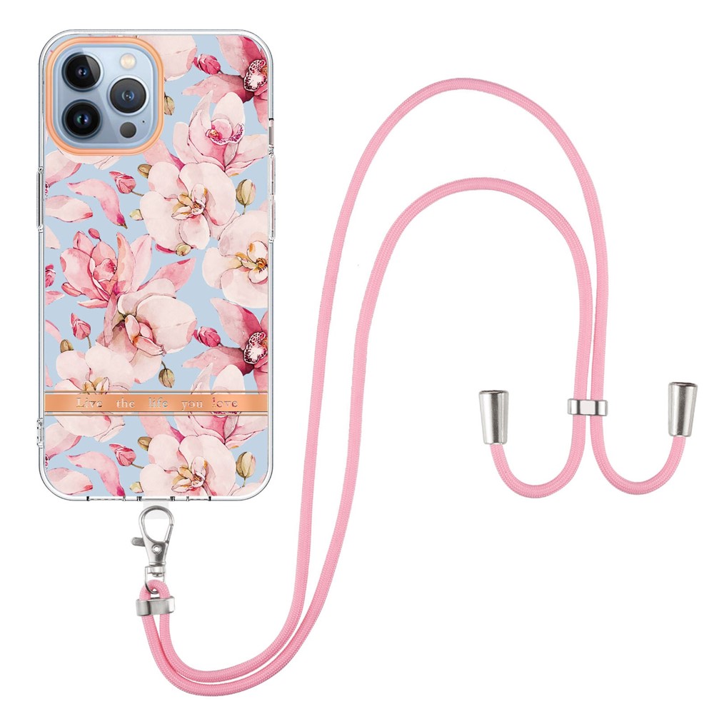 YB IMD-11 Series for iPhone 14 Pro Max 6.7 inch Anti-fall Flower Pattern Fashionable Electroplating Phone Cover IMD TPU Case with Lanyard - HC005 Pink Gardenia-1