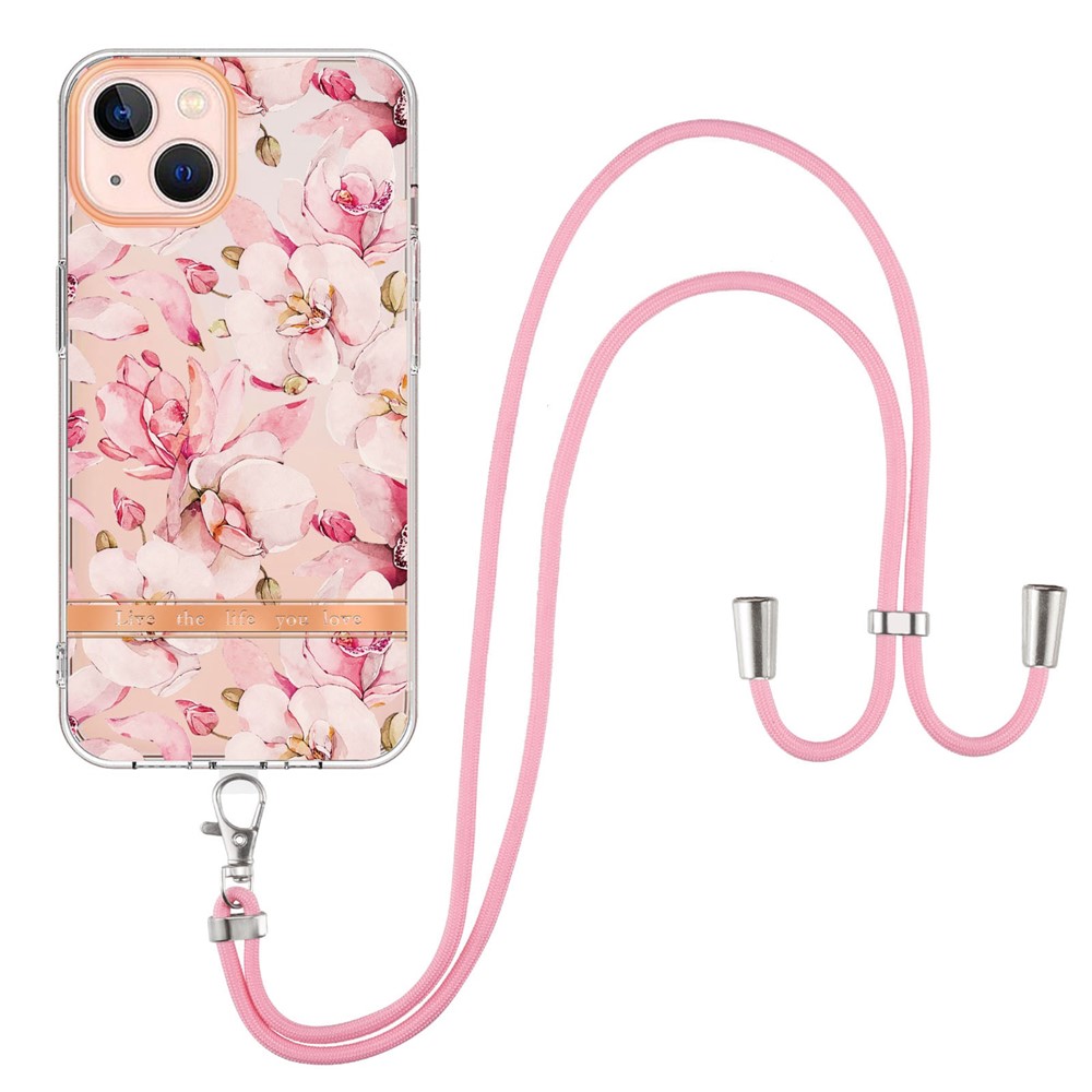 YB IMD-11 Series for iPhone 14 6.1 inch Flower Pattern Electroplating Phone Cover IMD TPU Protective Case with Lanyard - HC005 Pink Gardenia-1