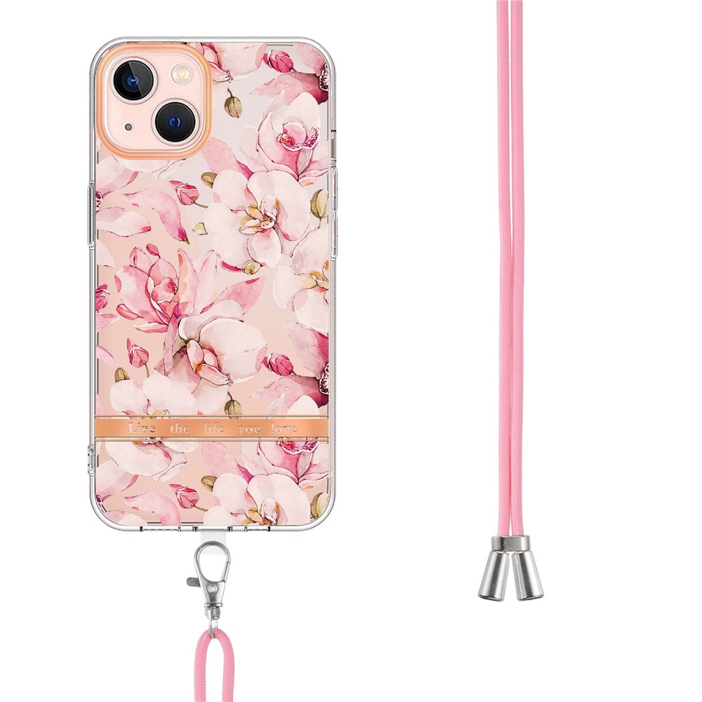YB IMD-11 Series for iPhone 14 6.1 inch Flower Pattern Electroplating Phone Cover IMD TPU Protective Case with Lanyard - HC005 Pink Gardenia-3