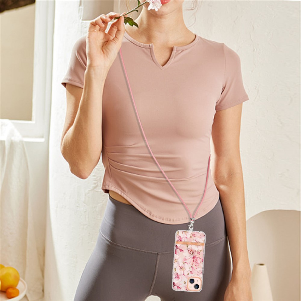 YB IMD-11 Series for iPhone 14 6.1 inch Flower Pattern Electroplating Phone Cover IMD TPU Protective Case with Lanyard - HC005 Pink Gardenia-4