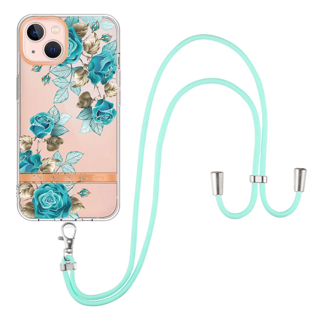 YB IMD-11 Series for iPhone 14 Max 6.7 inch Anti-scratch IMD TPU Phone Case Flower Pattern Electroplating Cell Phone Cover with Lanyard - HC002 Blue Rose-1