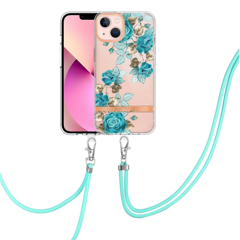 YB IMD-11 Series for iPhone 14 Max 6.7 inch Anti-scratch IMD TPU Phone Case Flower Pattern Electroplating Cell Phone Cover with Lanyard - HC002 Blue Rose-2