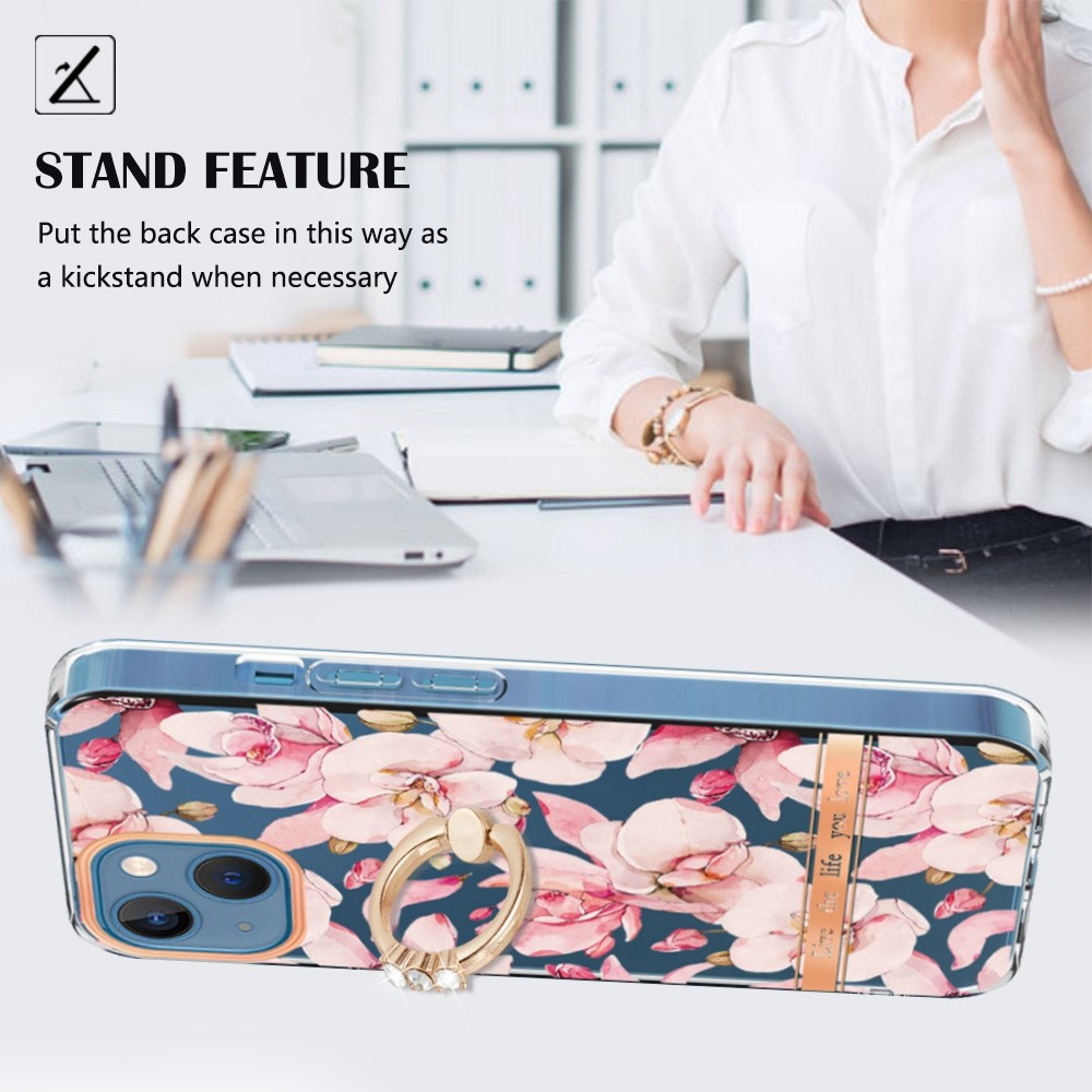 YB IMD-12 Series for iPhone 14 6.1 inch Electroplating Flower Pattern Ring Holder Kickstand Feature IML IMD TPU Cell Phone Cover Case - HC005 Pink Gardenia-2