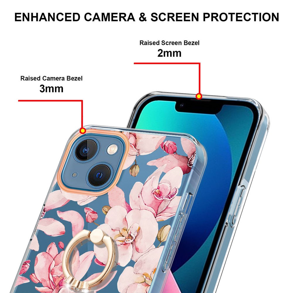 YB IMD-12 Series for iPhone 14 6.1 inch Electroplating Flower Pattern Ring Holder Kickstand Feature IML IMD TPU Cell Phone Cover Case - HC005 Pink Gardenia-3