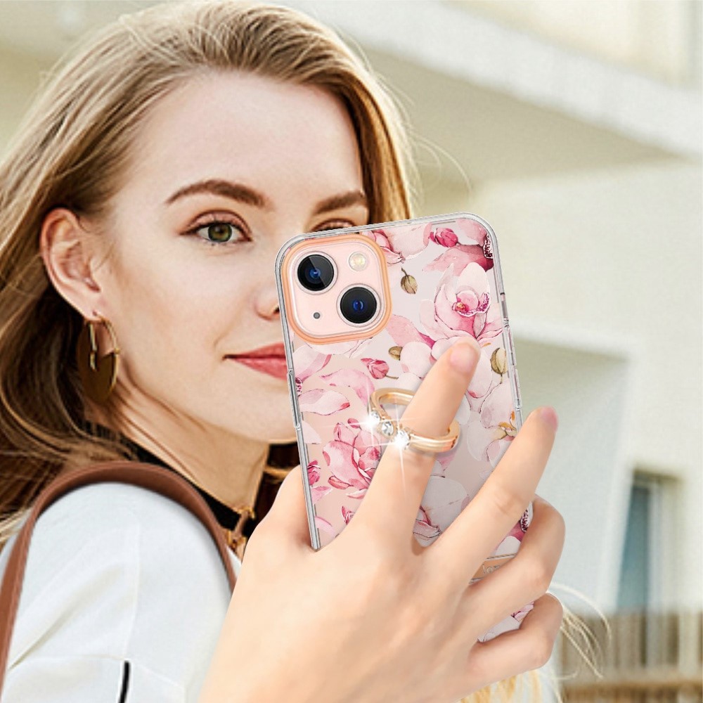 YB IMD-12 Series for iPhone 14 6.1 inch Electroplating Flower Pattern Ring Holder Kickstand Feature IML IMD TPU Cell Phone Cover Case - HC005 Pink Gardenia-4