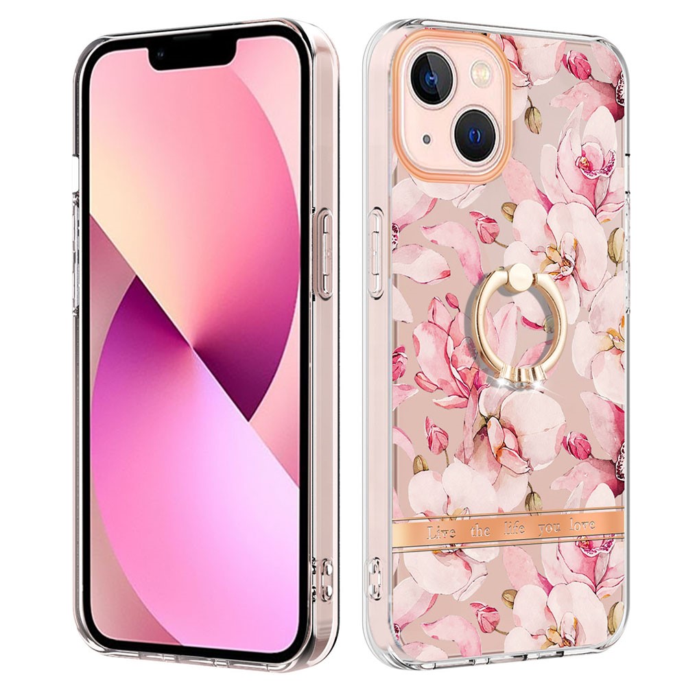 YB IMD-12 Series for iPhone 14 Max 6.7 inch Ring Holder Kickstand Design Case Electroplating Flower Pattern IML IMD TPU Mobile Phone Cover - HC005 Pink Gardenia-1