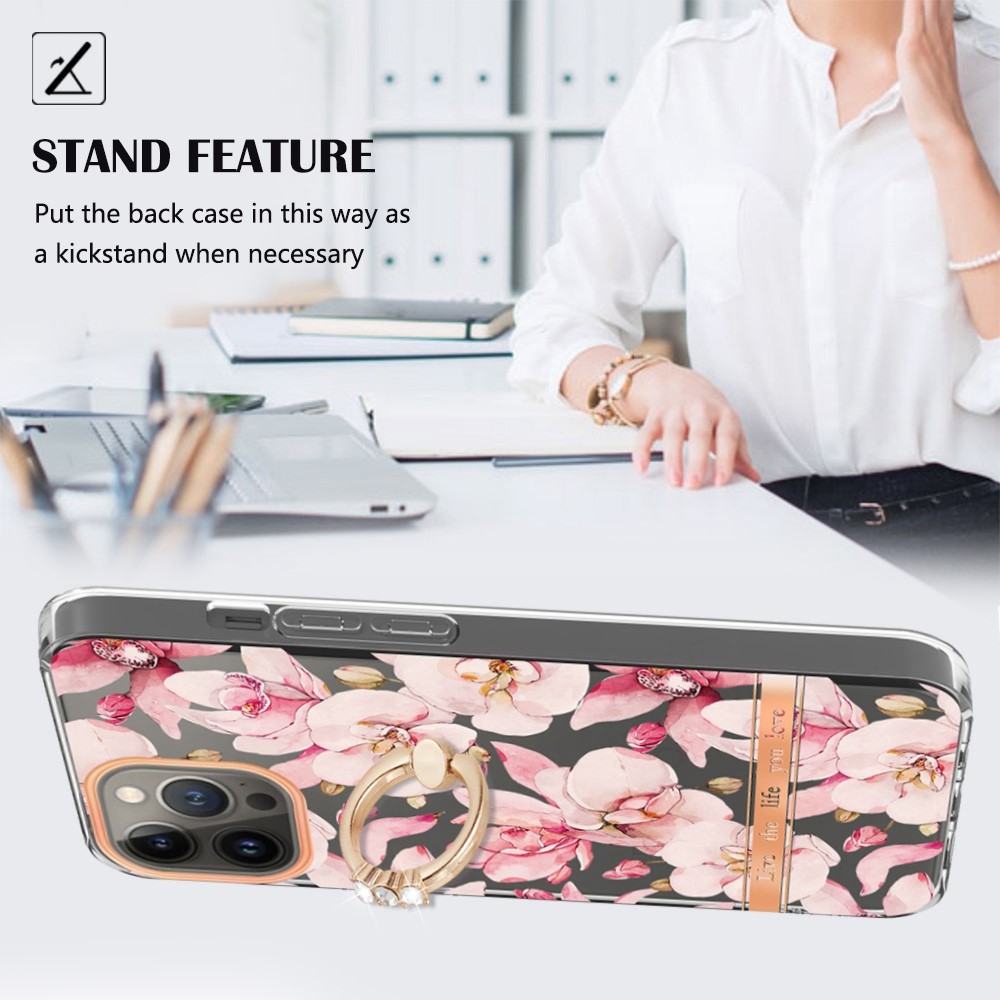 YB IMD-12 Series for iPhone 14 Pro 6.1 inch Electroplating Flower Pattern Case IML IMD TPU Phone Cover with Built-in Kickstand - HC005 Pink Gardenia-2