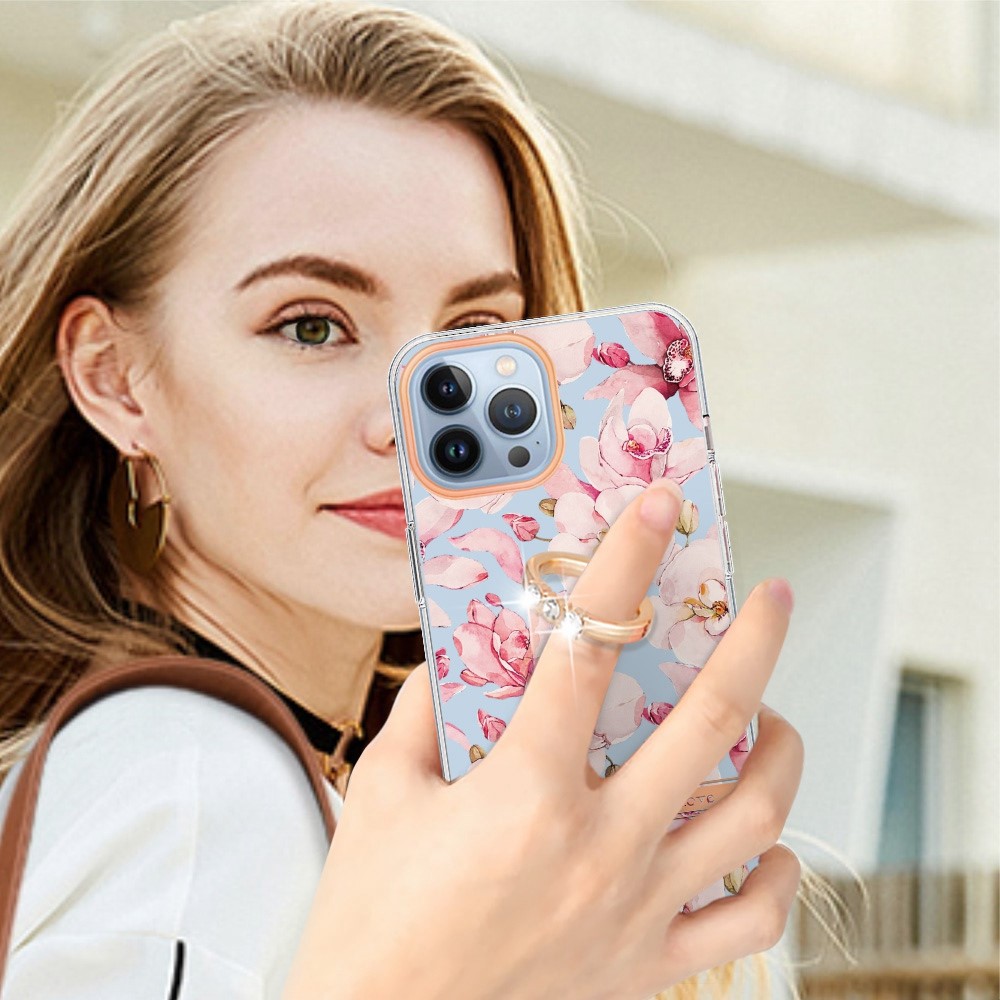 YB IMD-12 Series for iPhone 14 Pro 6.1 inch Electroplating Flower Pattern Case IML IMD TPU Phone Cover with Built-in Kickstand - HC005 Pink Gardenia-4