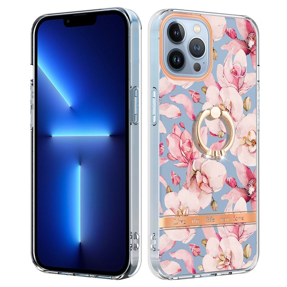 YB IMD-12 Series for iPhone 14 Pro Max 6.7 inch Electroplating Flower Pattern Anti-scratch Case IML IMD TPU Protective Phone Shell with Built-in Kickstand - HC005 Pink Gardenia-1