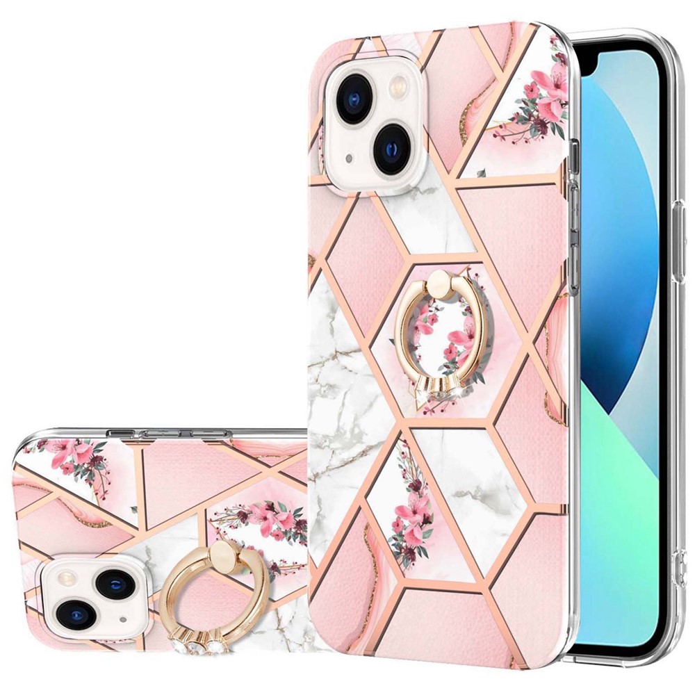 For iPhone 14 6.1 inch YB IMD Series-6 Ring Kickstand Feature Anti-wear Electroplated Frame TPU Case IMD Protective Back Cover - Pink Flowers-1