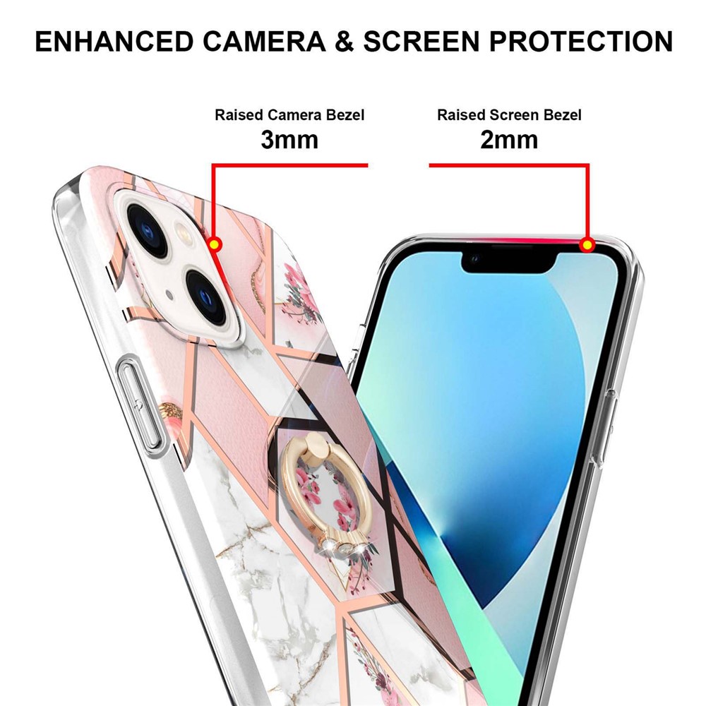 For iPhone 14 6.1 inch YB IMD Series-6 Ring Kickstand Feature Anti-wear Electroplated Frame TPU Case IMD Protective Back Cover - Pink Flowers-3