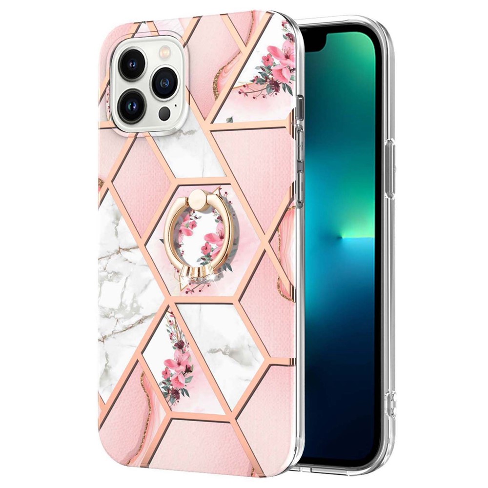 For iPhone 14 Pro Max 6.7 inch YB IMD Series-6 Anti-shock Ring Holder Kickstand Design Case Electroplated Frame TPU IMD Cover - Pink Flowers-2
