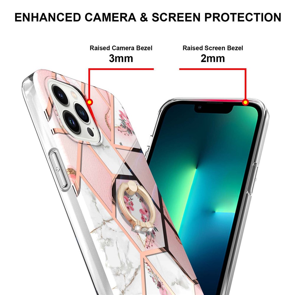 For iPhone 14 Pro Max 6.7 inch YB IMD Series-6 Anti-shock Ring Holder Kickstand Design Case Electroplated Frame TPU IMD Cover - Pink Flowers-3