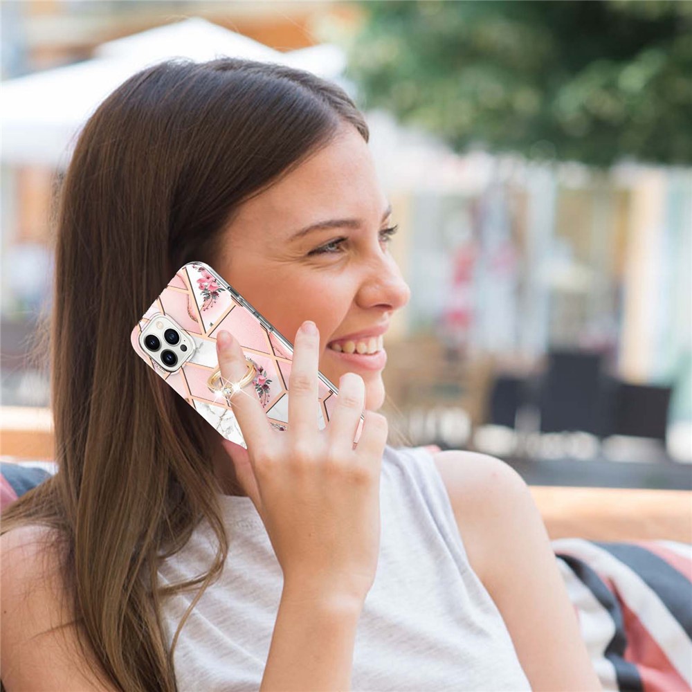 For iPhone 14 Pro Max 6.7 inch YB IMD Series-6 Anti-shock Ring Holder Kickstand Design Case Electroplated Frame TPU IMD Cover - Pink Flowers-4