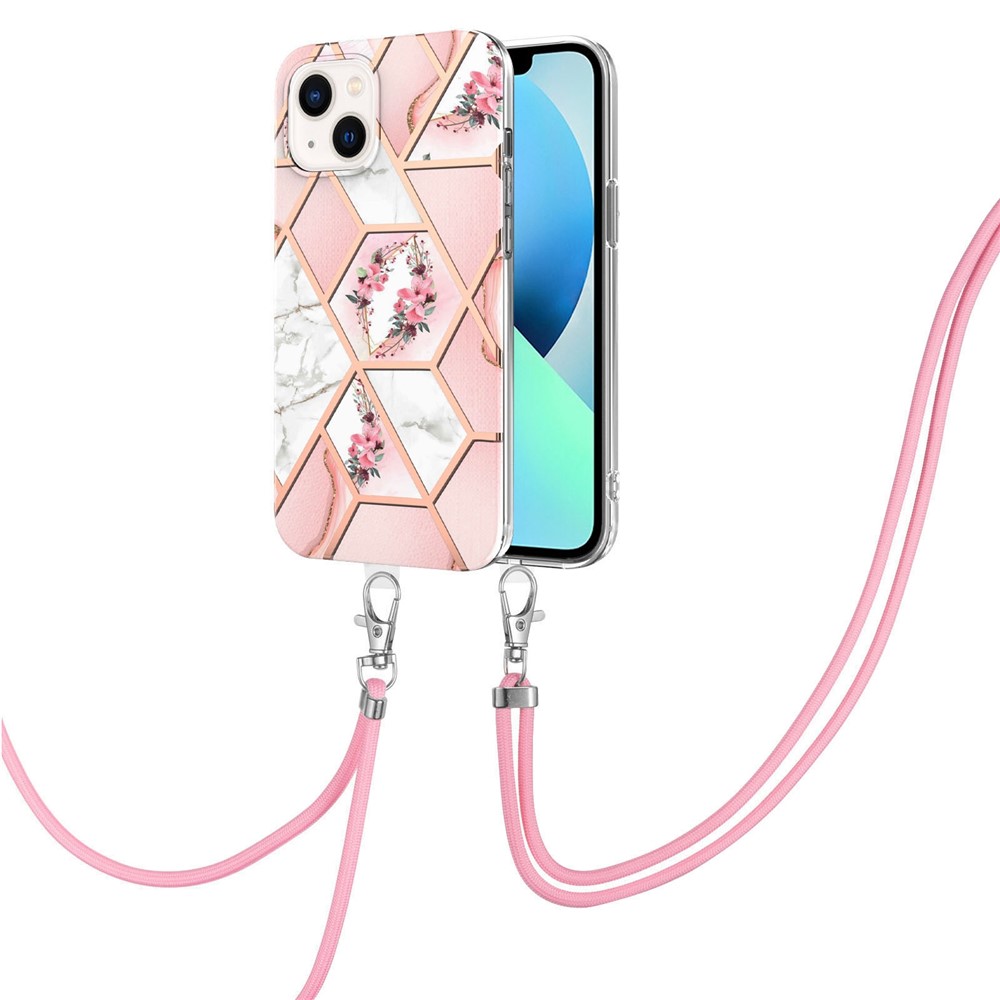 For iPhone 14 6.1 inch YB IMD Series-4 IMD IML Electroplating Phone Case Marble Flower Pattern Soft TPU Cover with Lanyard - Pink Flowers-2