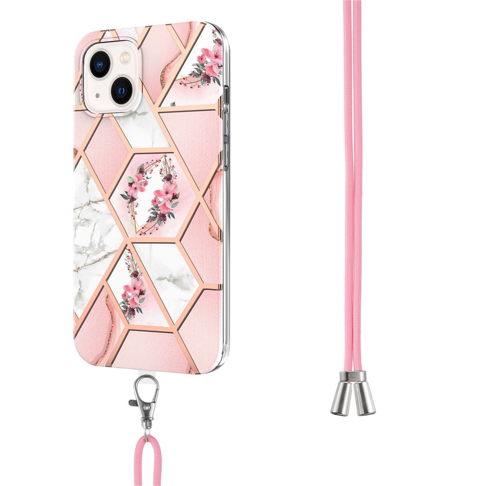 For iPhone 14 6.1 inch YB IMD Series-4 IMD IML Electroplating Phone Case Marble Flower Pattern Soft TPU Cover with Lanyard - Pink Flowers-3