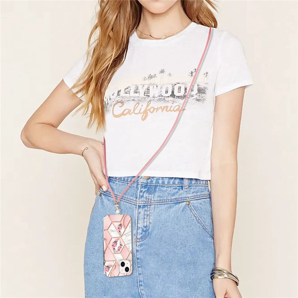 For iPhone 14 6.1 inch YB IMD Series-4 IMD IML Electroplating Phone Case Marble Flower Pattern Soft TPU Cover with Lanyard - Pink Flowers-4