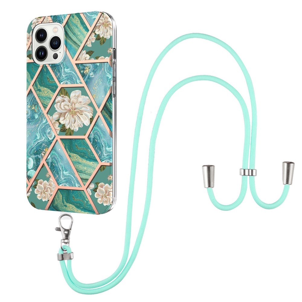 For iPhone 14 Pro 6.1 inch YB IMD Series-4 IMD IML Marble Flower Pattern TPU Case Electroplating Slim Cell Phone Cover with Lanyard - Blue Flowers-1