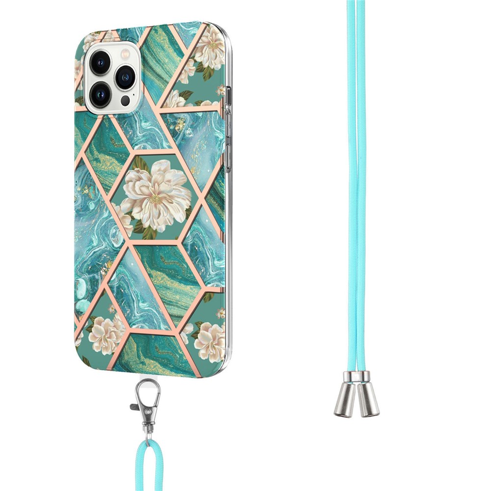 For iPhone 14 Pro 6.1 inch YB IMD Series-4 IMD IML Marble Flower Pattern TPU Case Electroplating Slim Cell Phone Cover with Lanyard - Blue Flowers-3