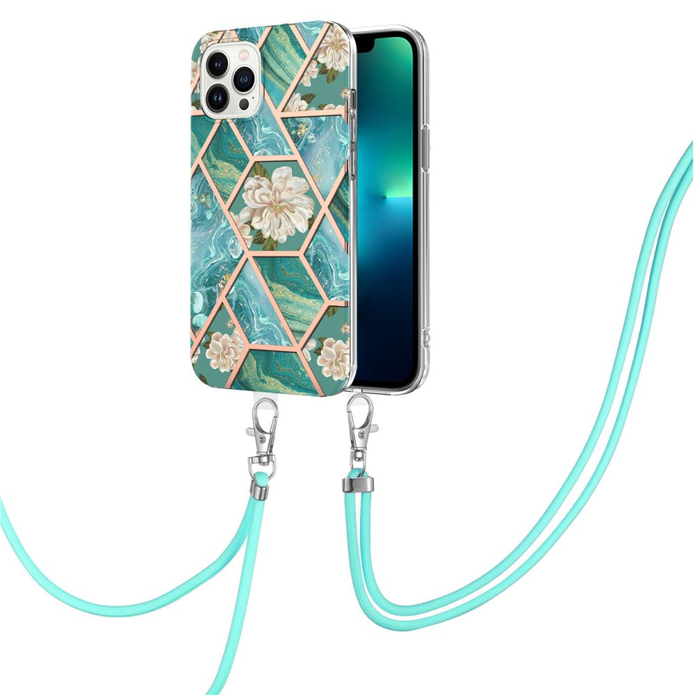 For iPhone 14 Pro Max 6.7 inch YB IMD Series-4 IMD IML Marble Flower Pattern Anti-drop TPU Phone Case Electroplating Frame Cover with Lanyard - Blue Flowers-2