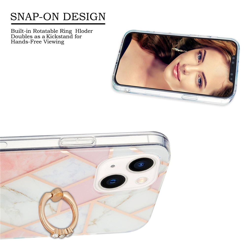 For iPhone 14 6.1 inch YB IMD Series-7 Built-in Hands-free Kickstand Splicing Marble Pattern Case Soft TPU IMD Electroplating Protector - Pink / White-2