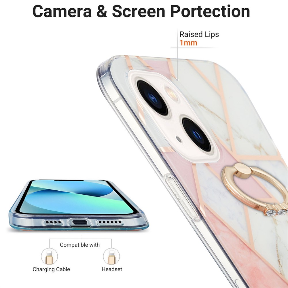For iPhone 14 6.1 inch YB IMD Series-7 Built-in Hands-free Kickstand Splicing Marble Pattern Case Soft TPU IMD Electroplating Protector - Pink / White-3
