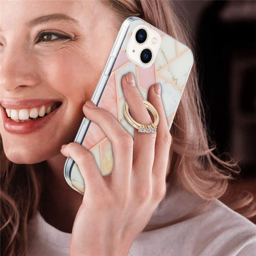 For iPhone 14 6.1 inch YB IMD Series-7 Built-in Hands-free Kickstand Splicing Marble Pattern Case Soft TPU IMD Electroplating Protector - Pink / White-4