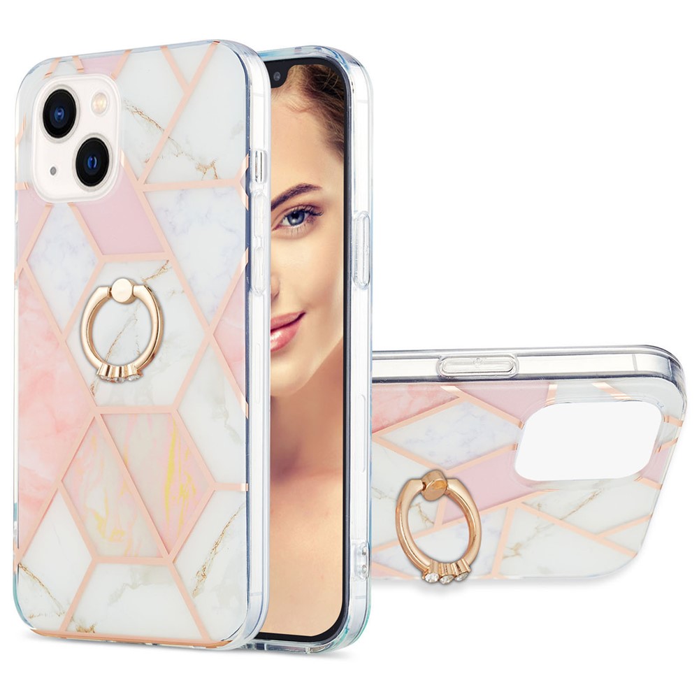 For iPhone 14 Max 6.7 inch YB IMD Series-7 Electroplating Splicing Marble Pattern IMD Case Soft TPU Cover with Built-in Kickstand - Pink / White-1