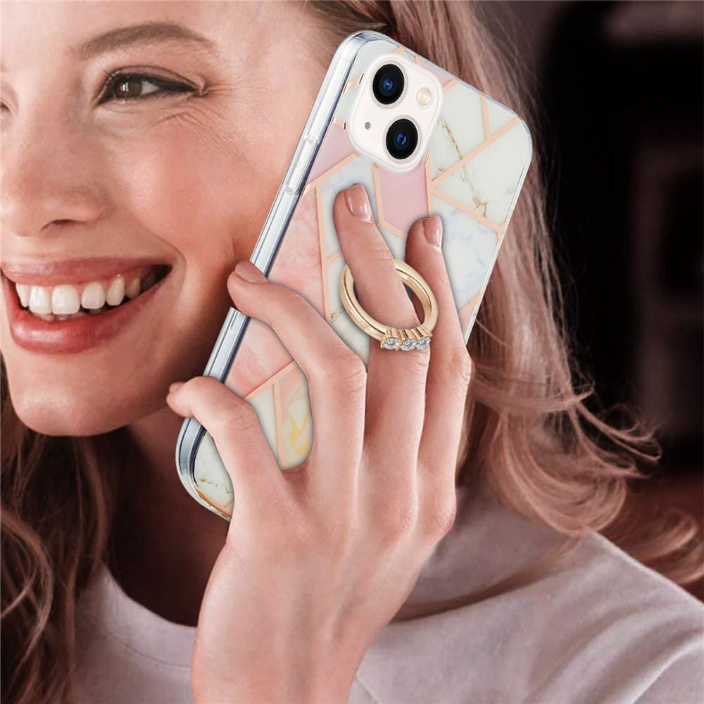 For iPhone 14 Max 6.7 inch YB IMD Series-7 Electroplating Splicing Marble Pattern IMD Case Soft TPU Cover with Built-in Kickstand - Pink / White-3