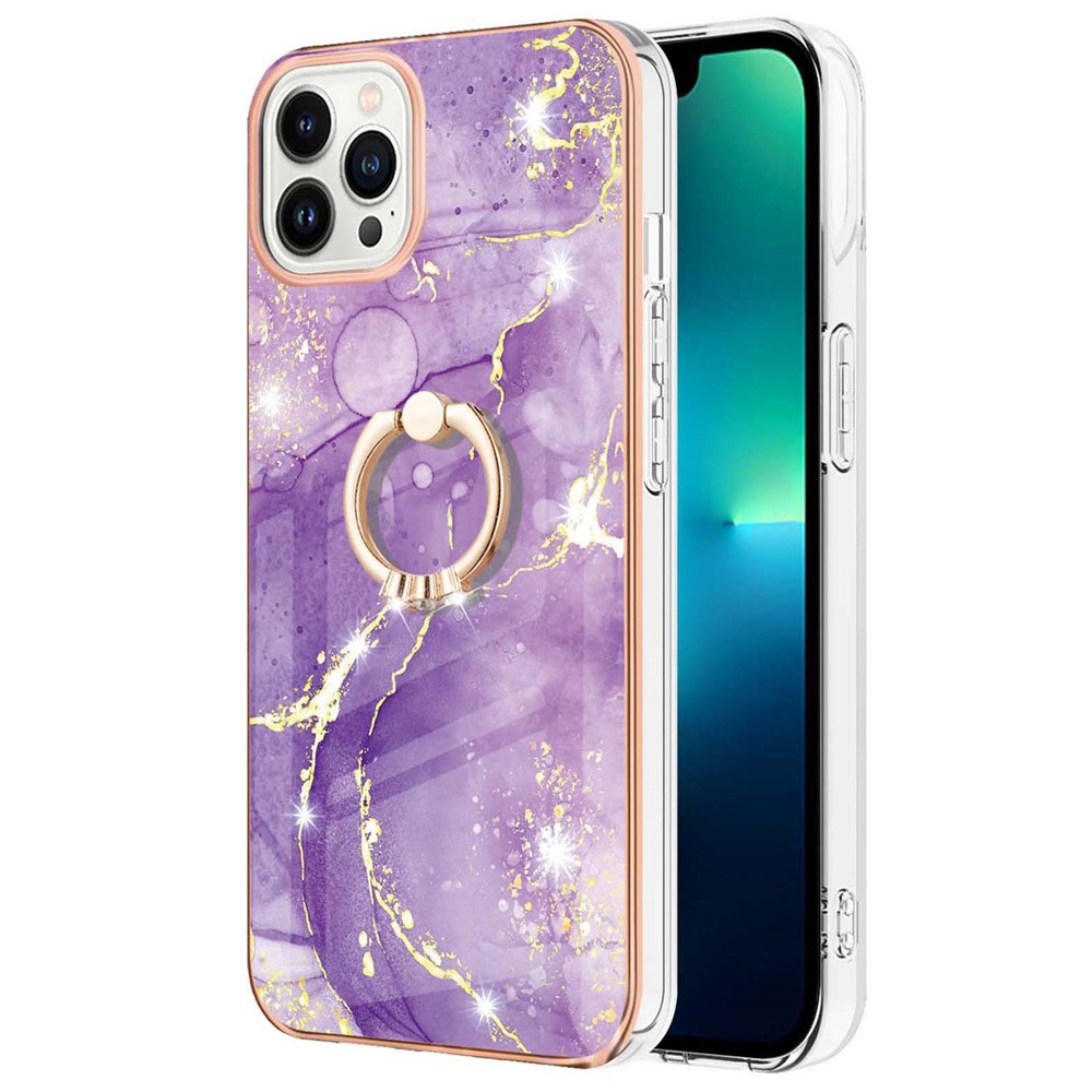 For iPhone 14 Pro 6.1 inch YB IMD Series-10 Marble Pattern Design TPU Case Ring Holder Kickstand IMD Electroplating Back Cover - Purple 002-2