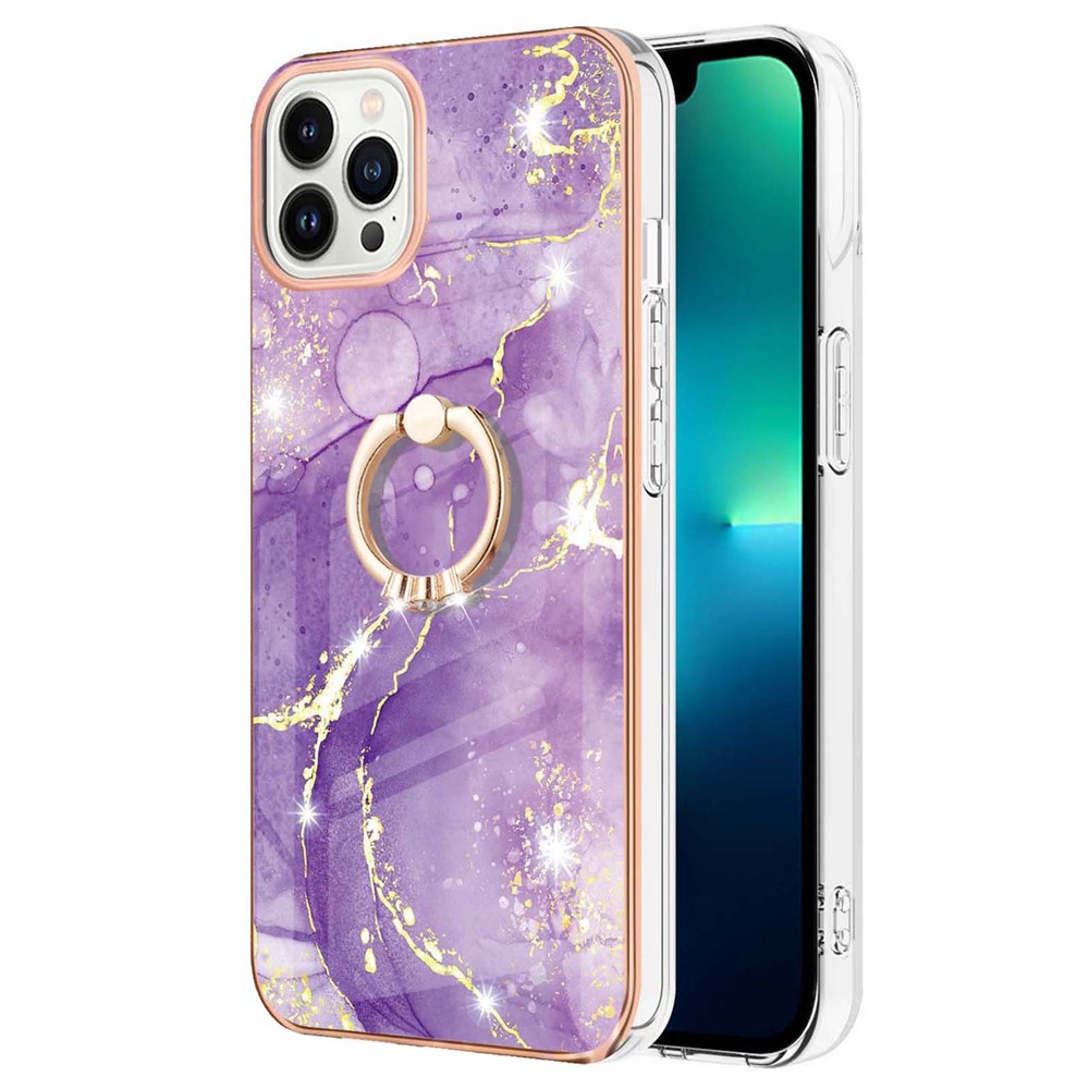 For iPhone 14 Pro Max 6.7 inch YB IMD Series-10 Ring Kickstand Marble Pattern Back Case IMD IML Soft TPU Electroplating Cover - Purple 002-2