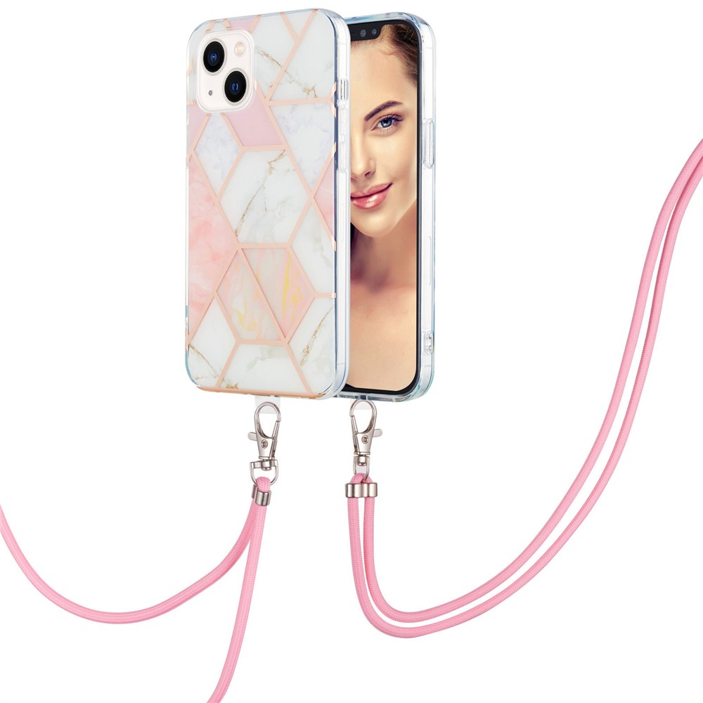 YB IMD Series-5 Anti-scratch Phone Cover for iPhone 14 Max 6.7 inch, Drop-proof IML Electroplating TPU Phone Case with Splicing Marble Pattern Lanyard - Pink / White-2