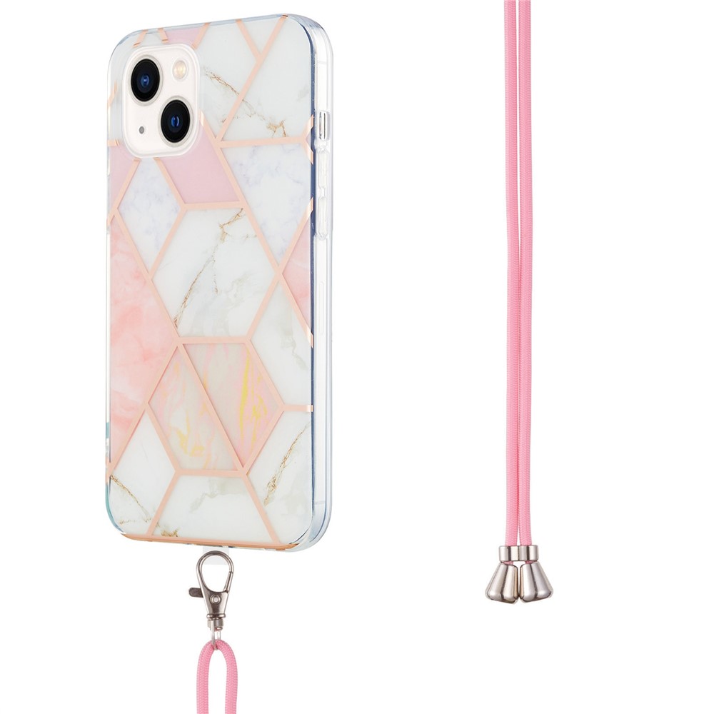 YB IMD Series-5 Anti-scratch Phone Cover for iPhone 14 Max 6.7 inch, Drop-proof IML Electroplating TPU Phone Case with Splicing Marble Pattern Lanyard - Pink / White-3
