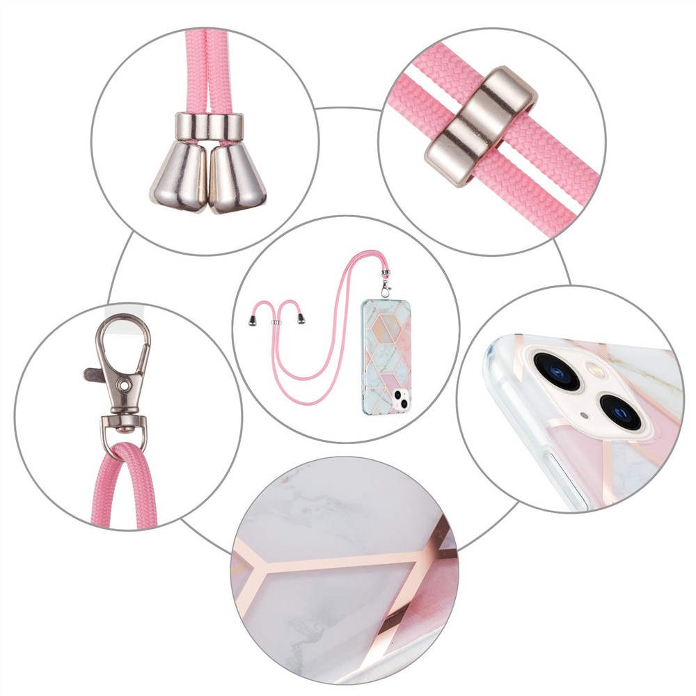 YB IMD Series-5 Anti-scratch Phone Cover for iPhone 14 Max 6.7 inch, Drop-proof IML Electroplating TPU Phone Case with Splicing Marble Pattern Lanyard - Pink / White-5