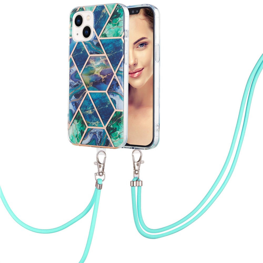 YB IMD Series-5 Phone Cover for iPhone 14 6.1 inch, Anti-drop IML Electroplating TPU Phone Case with Splicing Marble Pattern Lanyard - Blue / Green-2