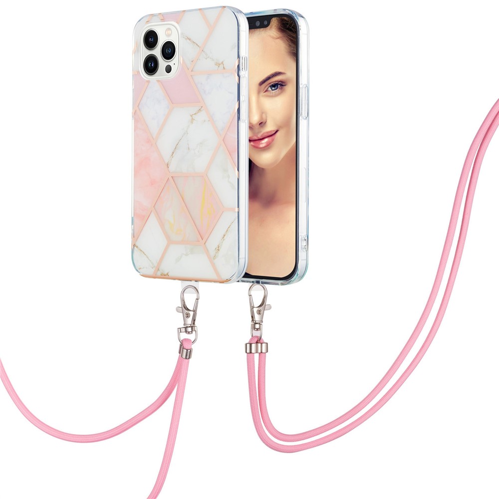 YB IMD Series-5 Ultra Slim Back Cover for iPhone 14 Pro Max 6.7 inch, IML Electroplating Splicing Marble Pattern TPU Phone Case Protective Shell with Lanyard - Pink / White-2