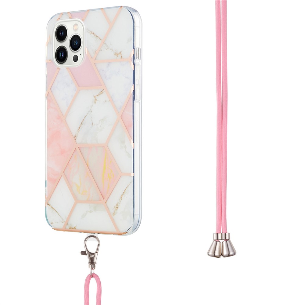 YB IMD Series-5 Ultra Slim Back Cover for iPhone 14 Pro Max 6.7 inch, IML Electroplating Splicing Marble Pattern TPU Phone Case Protective Shell with Lanyard - Pink / White-3