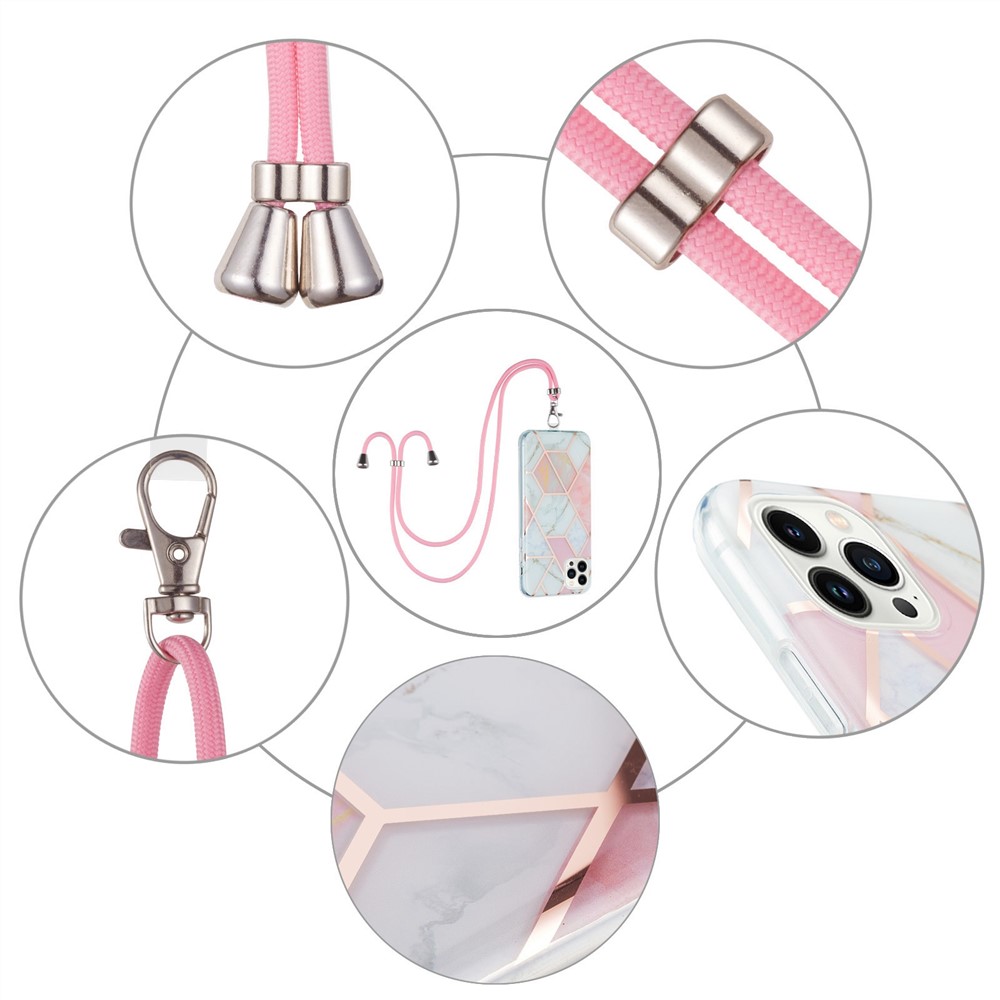 YB IMD Series-5 Ultra Slim Back Cover for iPhone 14 Pro Max 6.7 inch, IML Electroplating Splicing Marble Pattern TPU Phone Case Protective Shell with Lanyard - Pink / White-5