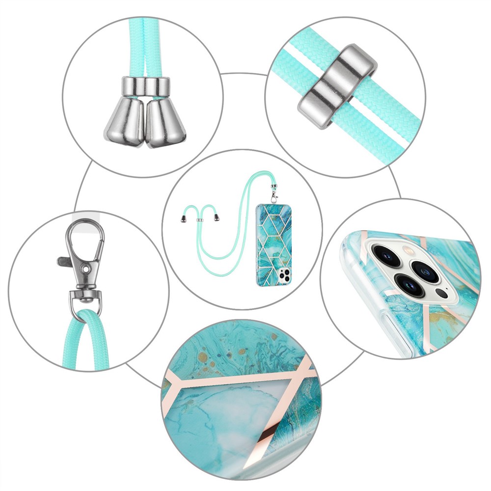YB IMD Series-5 Back Cover for iPhone 14 Pro 6.1 inch, Anti-drop IML Electroplating Splicing Marble Pattern TPU Phone Case Anti-scratch Shell with Lanyard - Blue-5